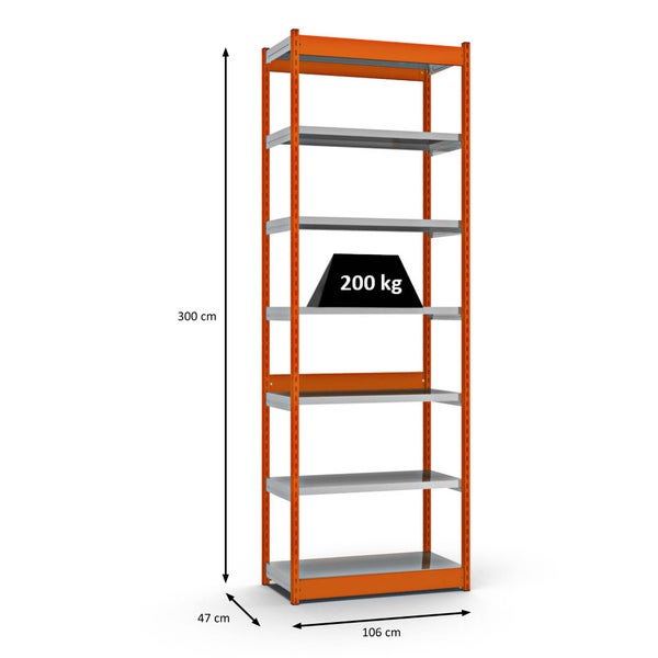 PROREGAL Fachbodenregal Stecksystem Vierkant-Profil Grundregal HxBxT 300 x 102,5 x 40 cm 7 Ebenen Einseitige Bauart Fachlast 200 kg Orange