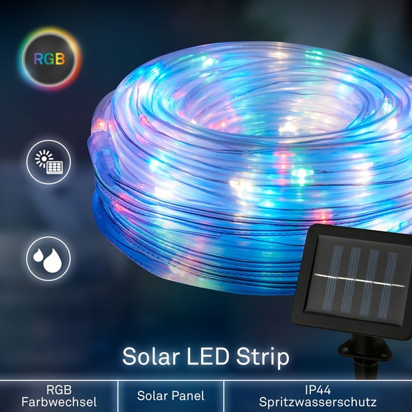 Solar LED Lichtschlauch mit Farbwechselfunktion, Solarpanel und Spritzwasserschutz.