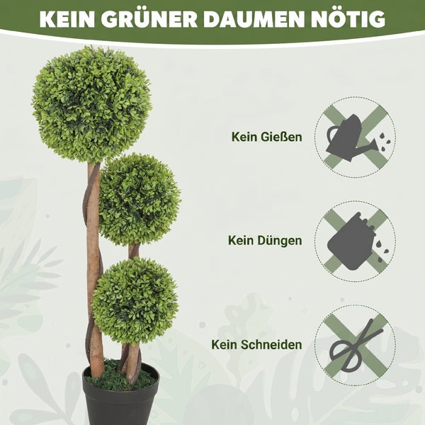 Kunstpflanze Buchsbaum als Hochstamm mit drei Kugeln im Topf, pflegeleicht ohne Gießen, Düngen oder Schneiden.