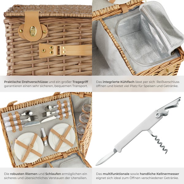 Picknickkorb mit Drehverschlüssen, Tragegriff, Kühlfach, Riemen, Schlaufen und Kellnermesser