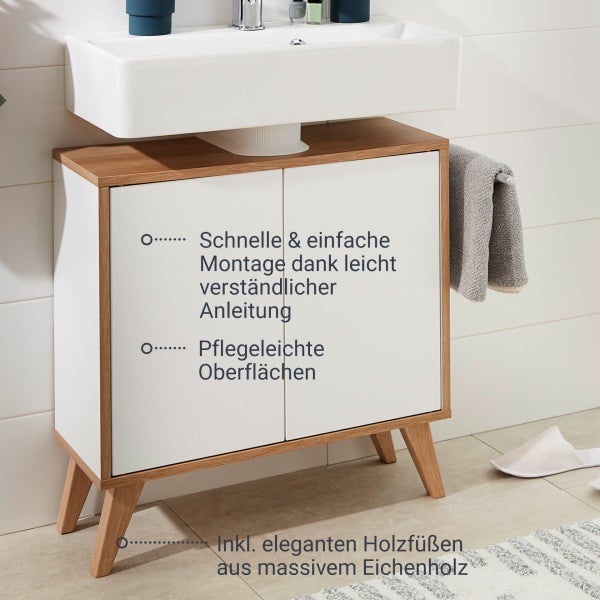 FACKELMANN FINN Badmöbel Set 2 Teile / Waschbeckenunterschrank mit Push-to-Open / 4 Holzfüße / Badschrank mit 2 Türen / Korpus & Front: Weiß / Rahmendekor & Füße: Braun hell / Breite: 60 cm