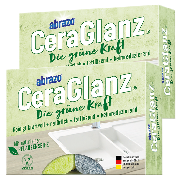 Reinigungskissen abrazo CeraGlanz mit natürlicher Pflanzenseife für Kochfelder und Spülen, fettlösend, vegan, hergestellt in Deutschland.