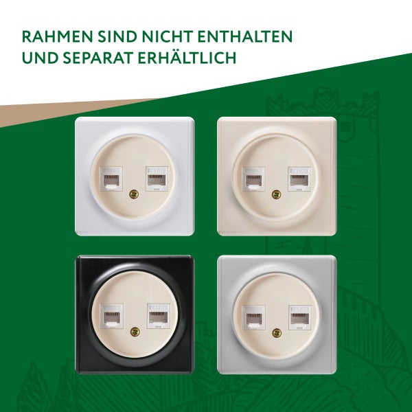 Vier Netzwerkschnittstellen Einsätze mit zwei RJ45 Buchsen Kategorie 5e. Rahmen sind nicht enthalten und separat erhältlich.