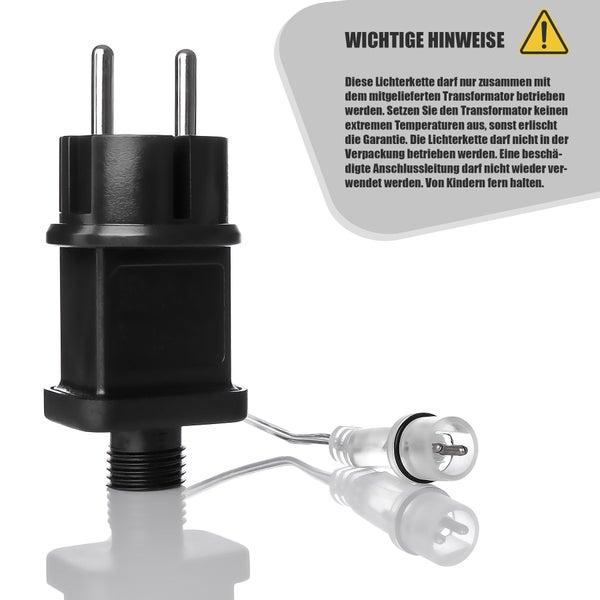 Netzstecker für Lichterkette mit Transformatoranschluss und Sicherheitshinweisen für die korrekte Verwendung.