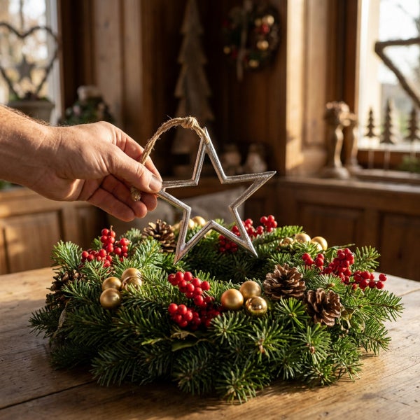 Hand hält einen silbernen Sternanhänger über einen geschmückten Weihnachtsadventskranz mit Tannengrün, Beeren, Zapfen und Weihnachtskugeln.