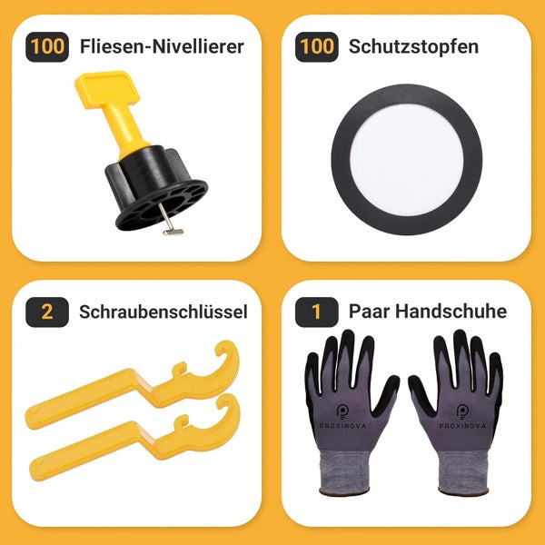 Proxinova Fliesen-Nivelliersystem Kit 100pcs Fliesenabstandhalter, Kratzschutz-System, 2 Schraubenschlüssel, Arbeitshandschuhe, 100 T-Stifte