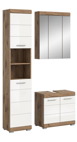 Dreiteiliges Badezimmermöbel Set bestehend aus Hochschrank, Spiegelschrank und Waschbeckenunterschrank in Eichenoptik mit weißen Fronten.