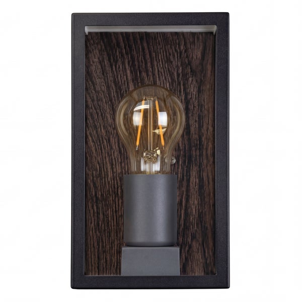 Rechteckige Wandleuchte mit schwarzem Metallrahmen, dunkler Holzrückwand und einer LED-Filament-Birne im Vintage-Stil.