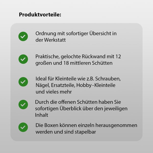 Infografik mit Produktvorteilen eines Werkstattregals: Ordnung, gelochte Rückwand mit 30 Sichtlagerkästen, ideal für Kleinteile, stapelbar.