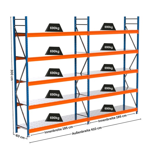 Regalsystem mit vier Ebenen und Maßangaben