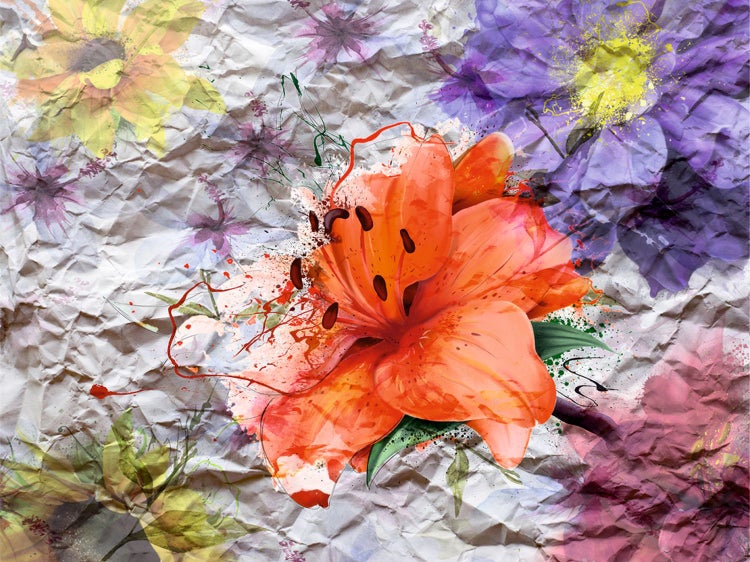 Blumenmuster auf geknittertem Papierhintergrund