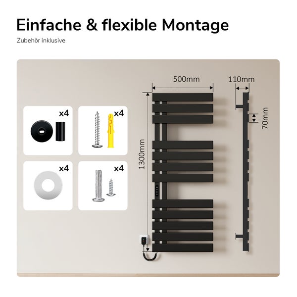Elektro-Handtuchheizkörper in Schwarz, Maße 1300 mal 500 Millimeter, inklusive Montageset mit Schrauben, Dübeln und Halterungen.
