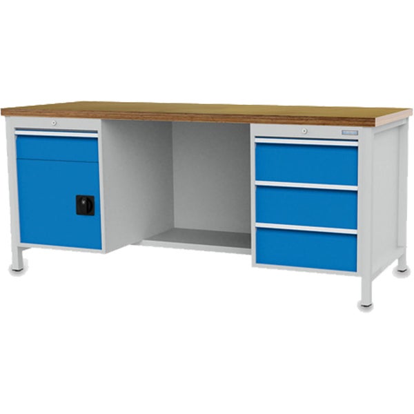 Werkbank aus Metall mit Holzplatte, links eine Schublade und eine Tür, rechts drei Schubladen, blau und grau.