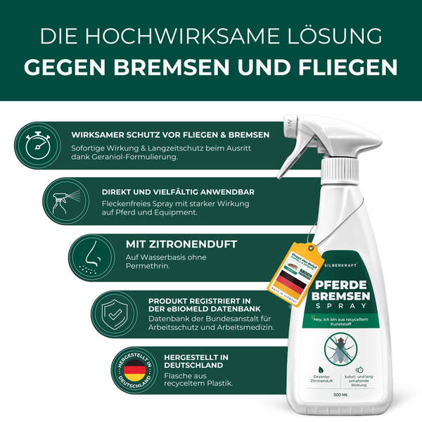 Silberkraft Bremsenspray Pferde 500 ml, effektiver Schutz gegen Bremsen, Fliegen, Stechmücken & Zecken, Bremsen-Ex für Pferd & Reiter, hochwirksames Fliegenspray & Insektenabwehr für Stall & Weide