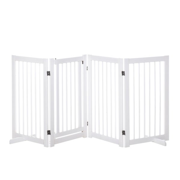 PawHut Absperrgitter Hund 4-teilig, 220 x 91 cm Faltbar Türschutzgitter mit Tür, Freistehend Hundegitter mit 2 Stützfüßen, Treppengitter aus Holz für Flur, Küche, Treppe, Weiß