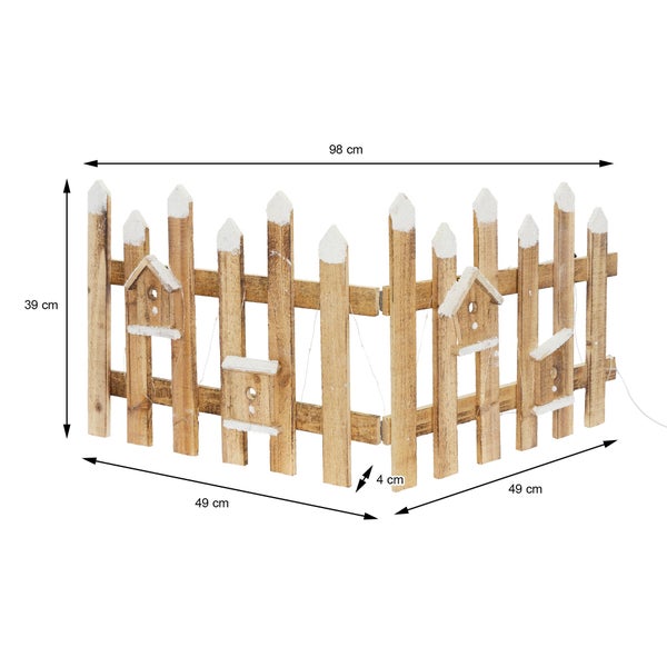 ECD Germany Deko Holz Zaun mit LED in natur, 98 x 39 cm, inkl. Vogelhäuschen, batteriebetrieben, mit Timer, Mini Gartenzaun beleuchtet Mini-Lattenzaun Weihnachtsbaum-Zaun Weinachtsdeko Winter Gatter