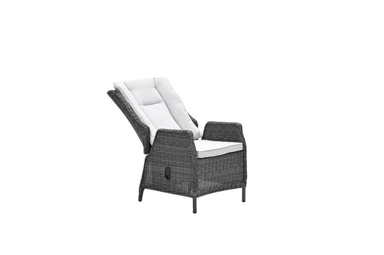 Garten-Relaxsessel mit verstellbarer Rückenlehne, Polyrattan-Geflecht und Polsterauflagen.