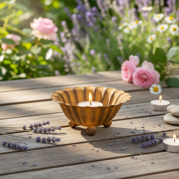 Dekorativer rostfarbener Teelichthalter aus Metall in Muschelform auf einem hölzernen Gartentisch, umgeben von Lavendel und Blumen.