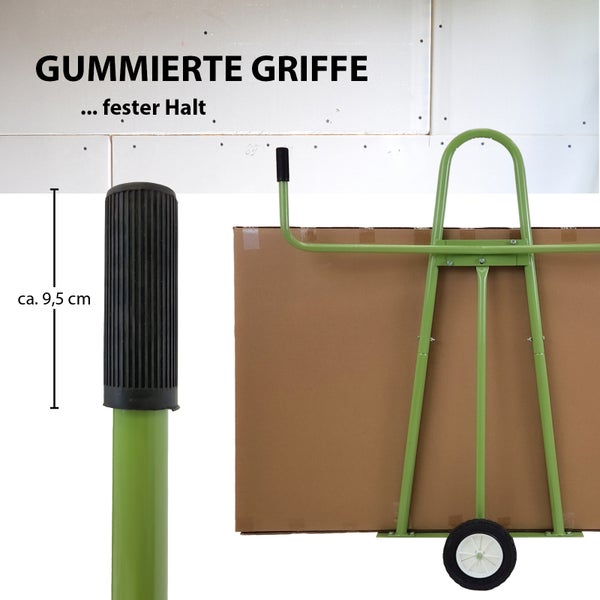 Detailansicht einer Sackkarre mit einer Gummierung am Griff und einer Höhenangabe von circa 9,5 cm.