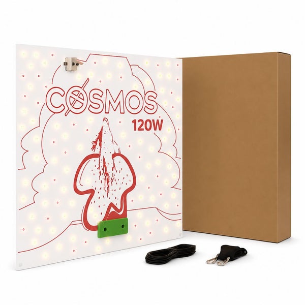 Cosmos 120 Watt LED-Pflanzenlampe mit Zubehör wie Stromkabel und Aufhängung sowie einer Kartonverpackung.