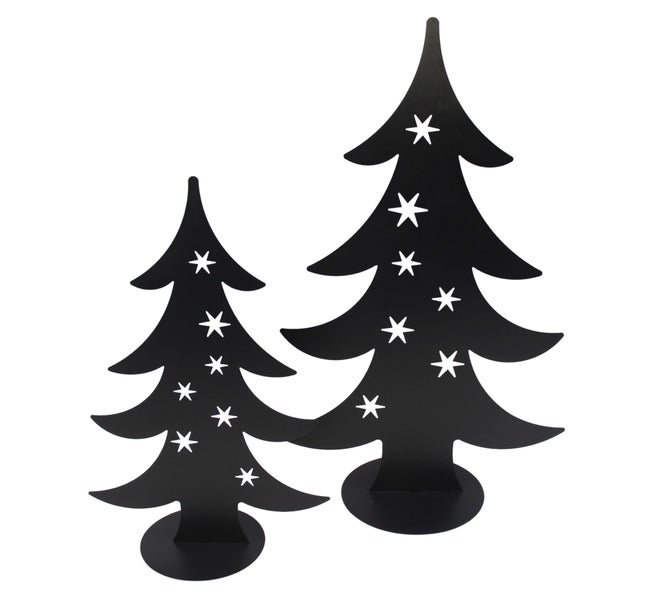 Zwei Tannenbaum Dekofiguren aus Metall mit Sternenausstanzungen zur weihnachtlichen Dekoration