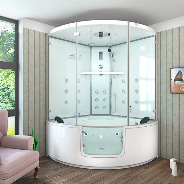 Moderne halbrunde Whirlpool-Duschkombination mit Glaswänden, Massagedüsen und Regendusche in einem hellen, geräumigen Badezimmer.
