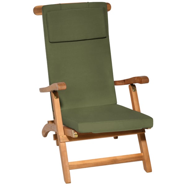 Klappbarer Gartenstuhl aus Holz mit grüner Polsterauflage und integriertem Kopfkissen.