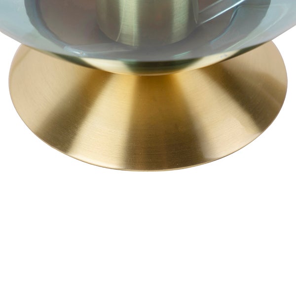 Detailaufnahme einer Tischleuchte mit Metallsockel und Glaskörper