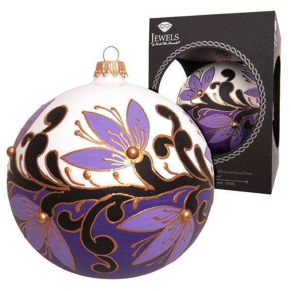 Jugendstilkugel, Weiß & Violet, 10cm, 1 Stck., Weihnachtsbaumkugeln, Christbaumschmuck, Weihnachtsbaumanhänger