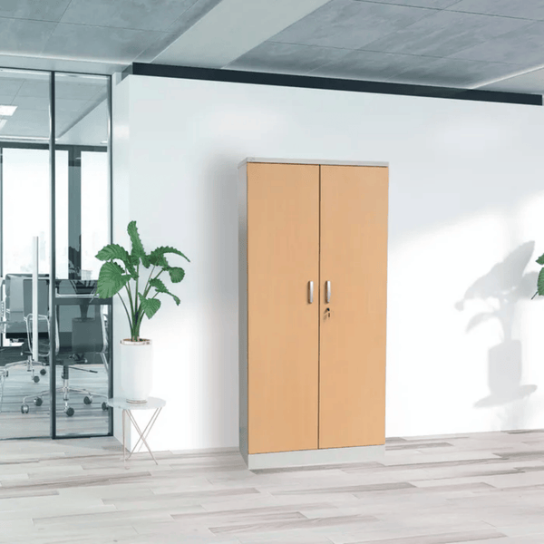 PROREGAL Aktenschrank Beetle 4 Fachböden HxBxT 195 x 92 x 42 cm Grau & Buche
