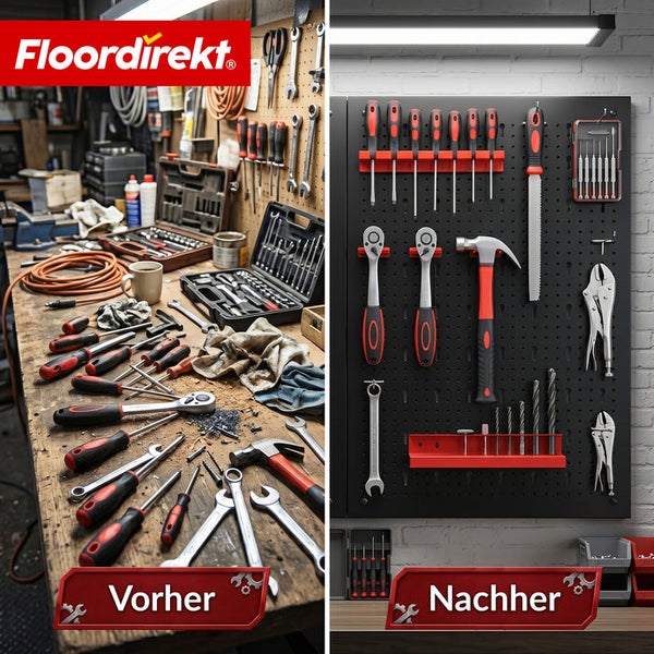 Vorher-Nachher-Vergleich einer Werkstatt: Unordentliche Werkbank gegenüber einer organisierten Metall-Werkzeugwand mit Halterungen. Floordirekt Logo.