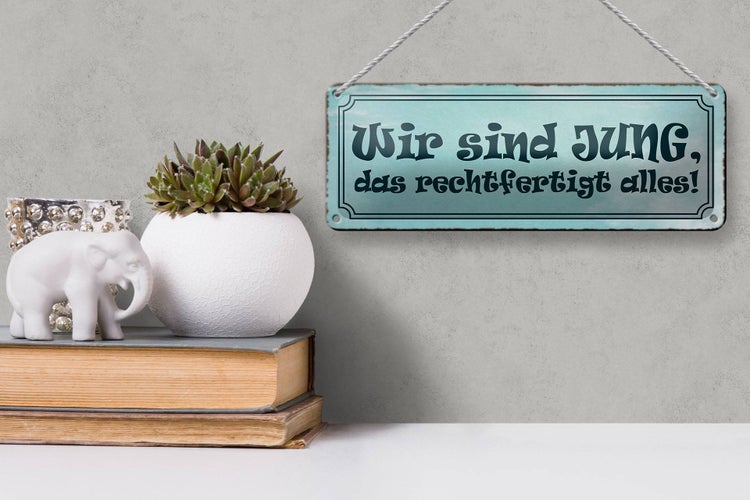 Blechschild Spruch 27x10cm wir jung das rechtfertigt alles Dekoration