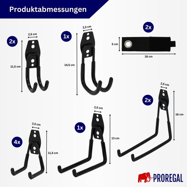 Übersicht der Produktabmessungen für ein Wandhaken Set von Proregal mit verschiedenen Hakenformen und Klettbändern.
