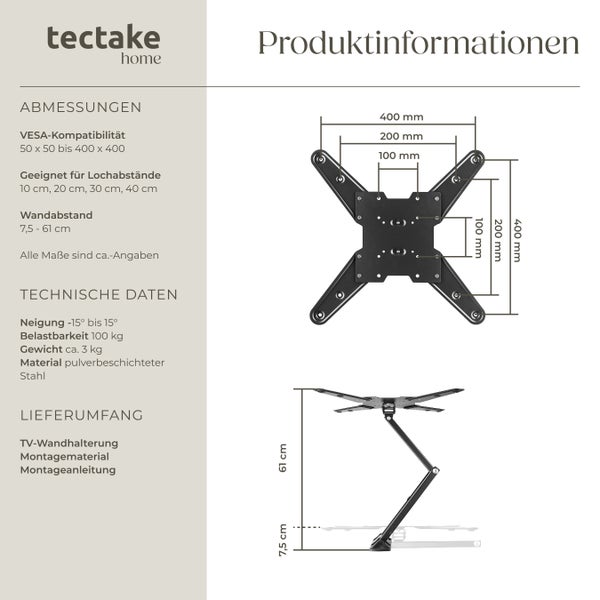 Produktinformationen zur Tectake TV-Wandhalterung mit Abmessungen und technischen Daten