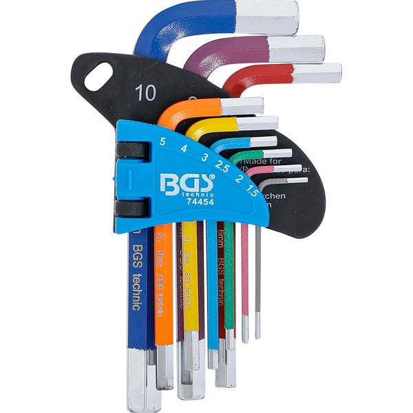 Innensechskant Winkelschlüsselsatz von BGS technic, 9 teilig, farbig codiert in blauem Halter. BGS technic Logo.