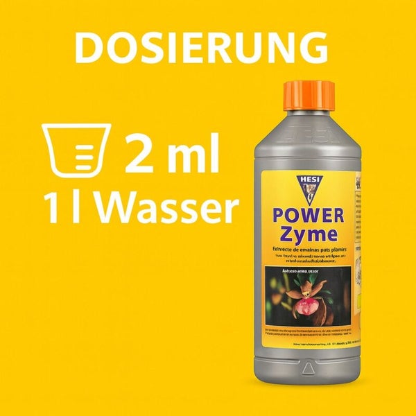 Dosierung für Hesi Power Zyme: 2 Milliliter auf 1 Liter Wasser. Abbildung der Flasche und ein Messbecher Symbol.