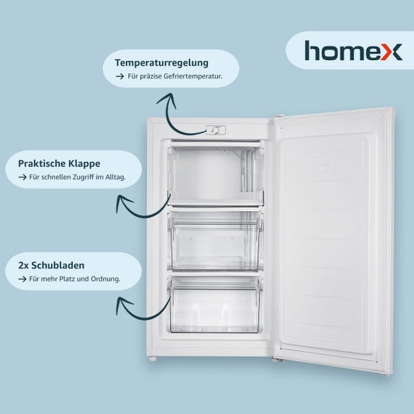 homeX Gefrierschrank Tiefkühlschrank klein 60L Nutzinhalt 4-Sterne Gefrieren Freezer kompakt freistehend weiß