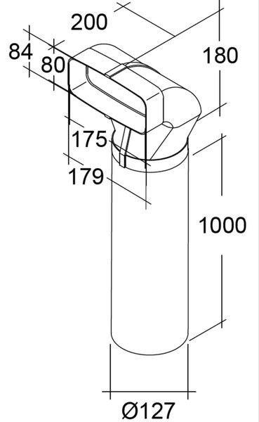 Technische Zeichnung eines Flachkanalübergangs mit Rohranschluss, Maße in Millimeter für Installationszwecke.