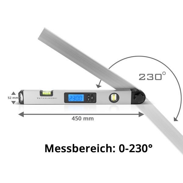 Digitaler Winkelmesser DW-45 ST  Aluminium Messbereich von 0-230 Grad