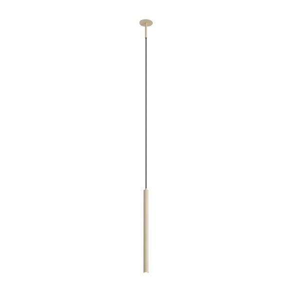 Schmale, zylindrische Pendelleuchte im minimalistischen Design mit langem Kabel und runder Deckenhalterung.