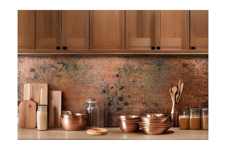 Küchenszene mit Holzschränken, Kupferrückwand, Schneidebrettern, Gläsern und Schalen