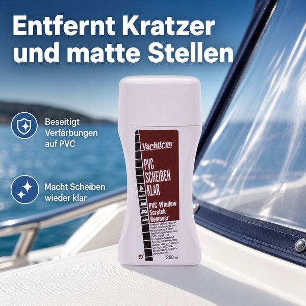 Yachticon PVC Scheiben Klar Kratzerentferner für Vinyl und Kunststoffscheiben in einer Flasche mit 250 Milliliter Inhalt.
