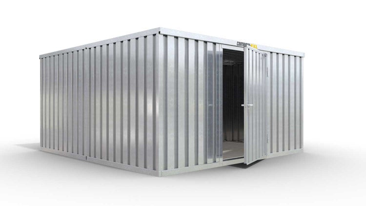 Lagercontainer Gerätehaus M2  – 12 qm, H2150 x B3050 x T4340 mm, verzinkt, mit Holzfußboden, 1270 mm Einflügeltür mittig in Breitseite, zerlegt