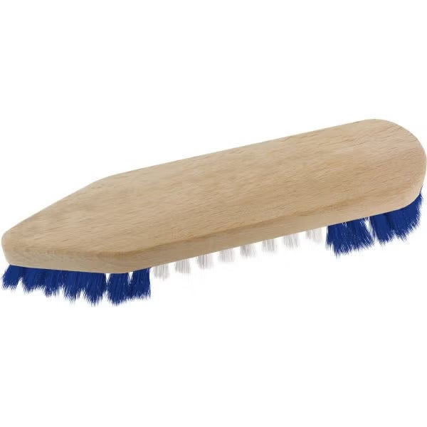 Scheuerbürste mit Holzkörper und blauen Kunststoffborsten, vorn spitz zulaufend.