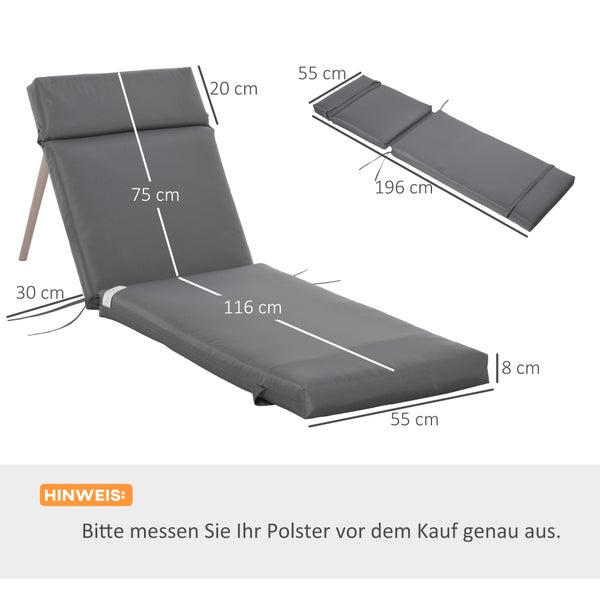 Outsunny 2er Set Auflage für Sonnenliege, Flammhemmend Liegenauflage mit Bänder für Gartenliege 8cm dick Polsterauflage Liegestuhl Kissen für Gartenmöbel, Auflagen für Deckchair 196x55x8 cm Dunkelgrau