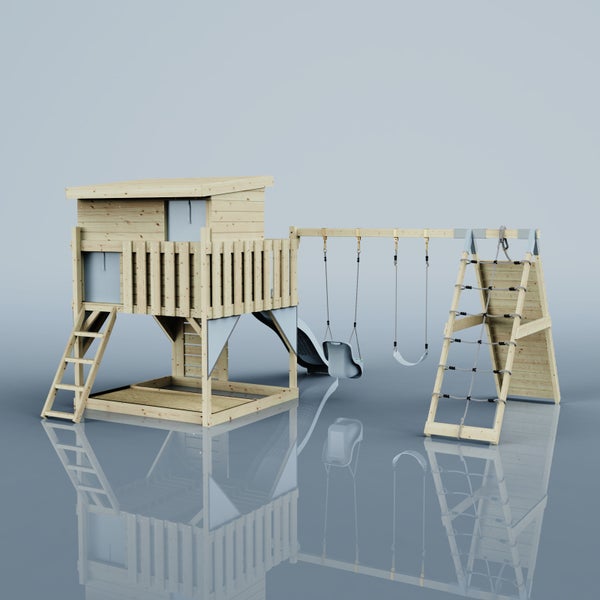 Spielturm aus Holz mit Spielhaus, Rutsche, Doppelschaukel, Kletterwand mit Netz und integriertem Sandkasten.