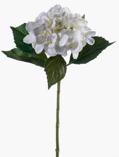 Künstliche Hortensie mit weißer Blüte, grünem Stiel und Blättern.