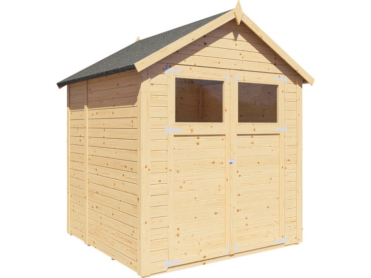Gartenhaus aus Holz mit Satteldach, Doppeltür und zwei Fenstern.