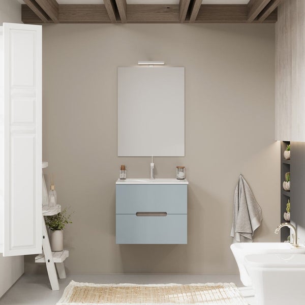Badmöbel-Set in 2 Faben, Frontfarbe in matt Hellblau, Korpusfarbe Holzoptik Eiche Natur | Magnolia