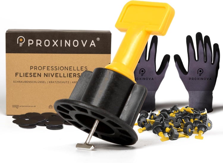 Proxinova Fliesen-Nivelliersystem Kit 100pcs Fliesenabstandhalter, Kratzschutz-System, 2 Schraubenschlüssel, Arbeitshandschuhe, 100 T-Stifte